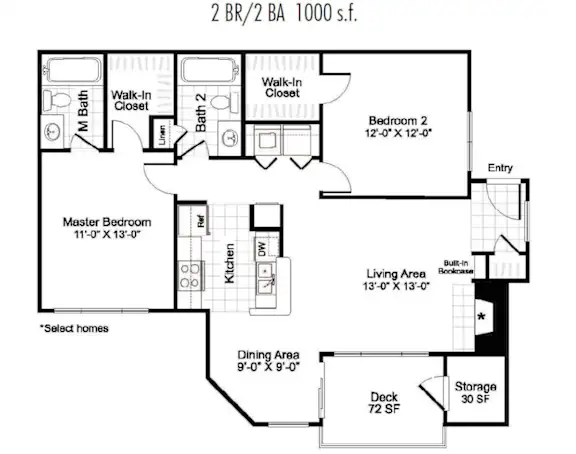 Floor plan B1: 2 bedrooms, 2 baths, 1000 sq. ft.