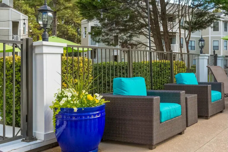 Patio lounge chairs with turquoise cushions beside a potted plant